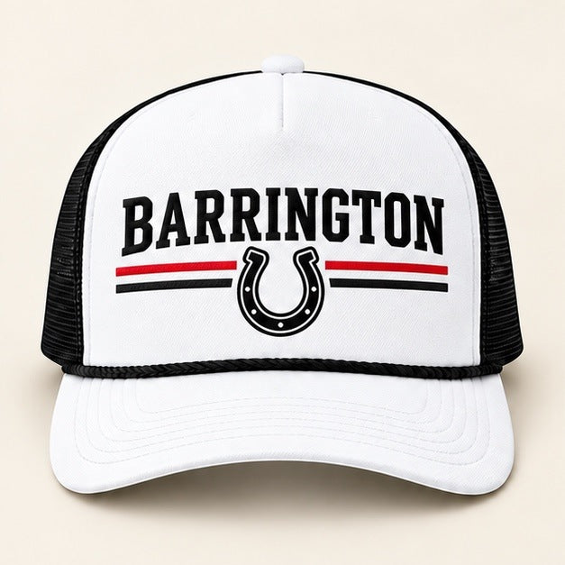 White and black adjustable hat with Barrington horseshoe logo