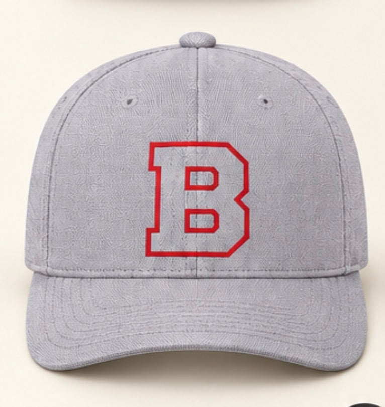 Gray fitted hat with red outlined B logo
