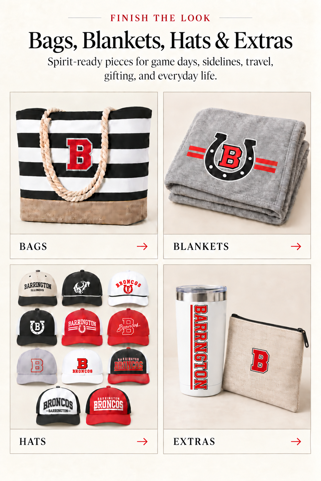 Bags, Blankets, Hats and Extras featuring a striped Barrington tote, gray Barrington blanket, embroidered hats, tumbler and hemp pouch