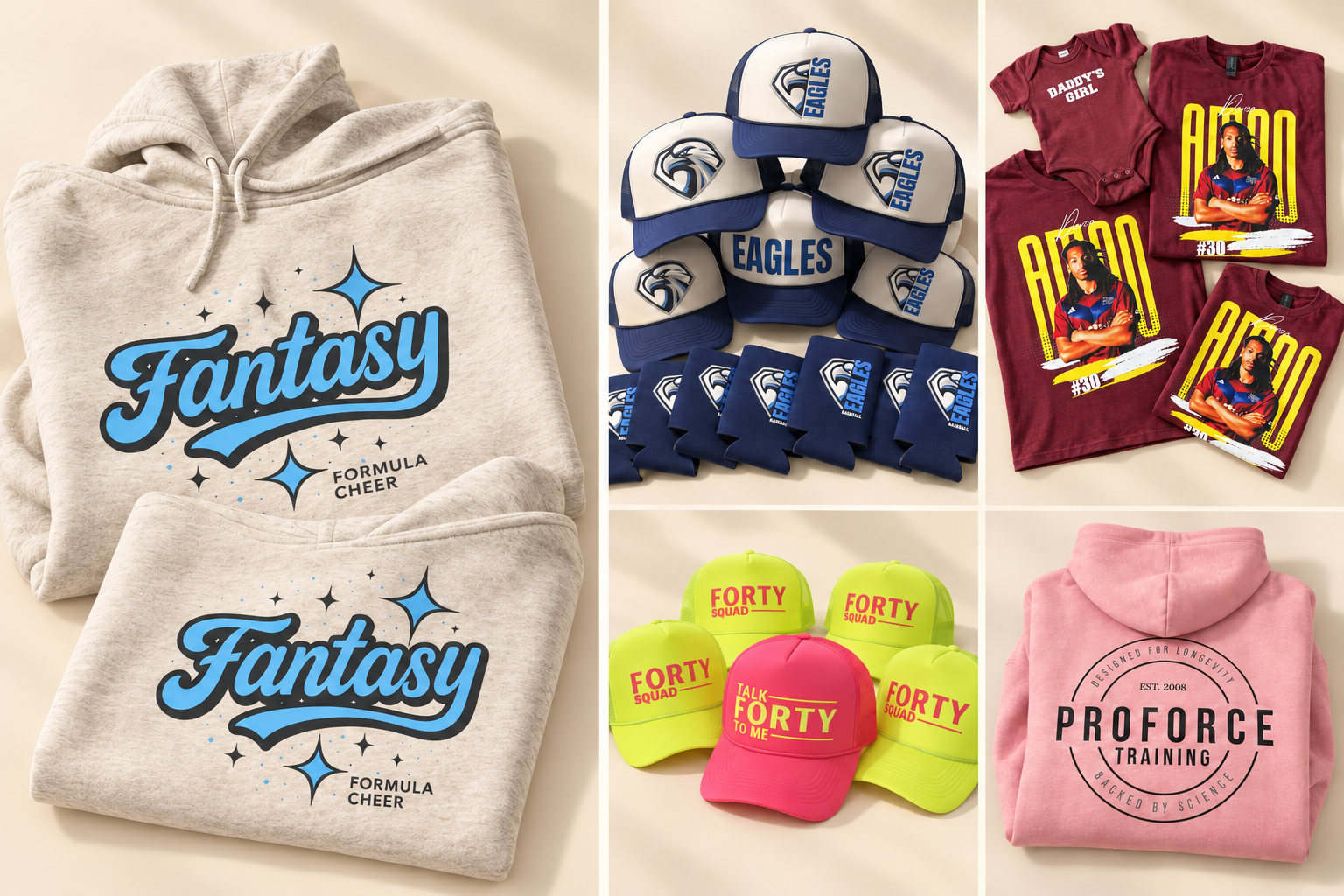 Custom work: gray Fantasy cheer sweatshirts featured beside Eagles hats, personalized maroon apparel, birthday hats, and Proforce Training apparel